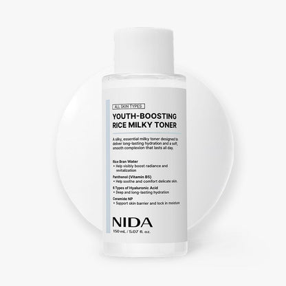NIDA Youth-Boosting Rice Milky Toner bottle with white label and black text, 150 ml on Tampa Home & Garden Store