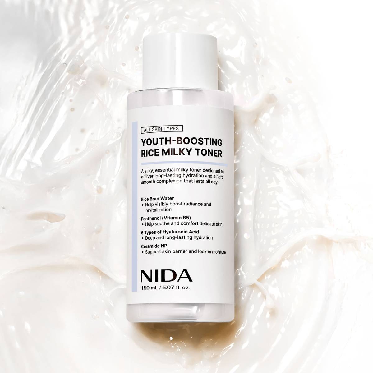 NIDA Youth-Boosting Rice Milky Toner bottle with white label, 150 ml branding visible on label on Tampa Home & Garden Store