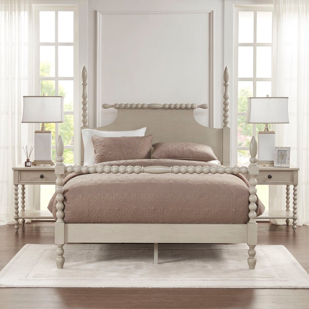 Nightstands (2) with 1 drawer and turned legs in light cream finish beside a bed by HouseOfZazla on Tampa Home & Garden Store