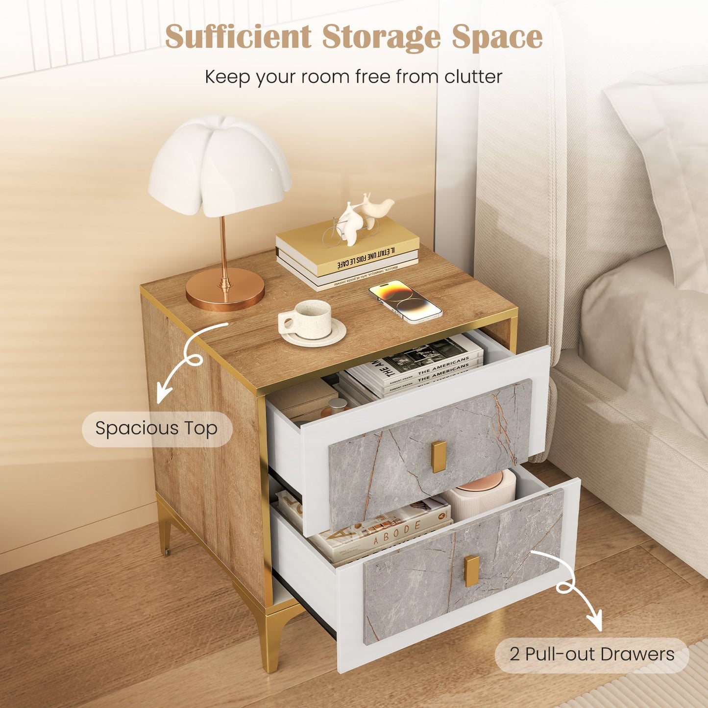 Mesita de noche con 2 cajones extraíbles para sala de estar o dormitorio