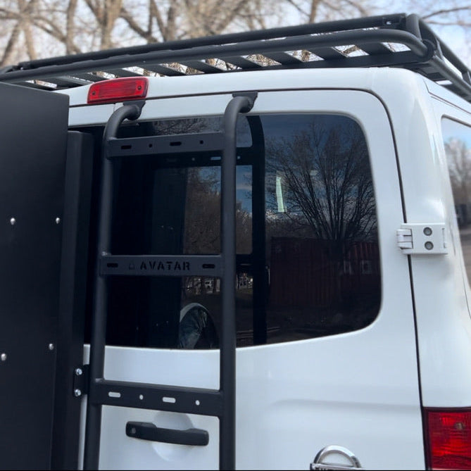 Avatar NV3500 Rear Ladder mounted on rear door of white van with Avatar logo on crossbar on Tampa Home & Garden Store