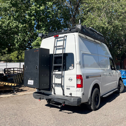 Avatar NV3500 Rear Ladder on white van, black steel rack with Avatar Offroad branding on Tampa Home & Garden Store