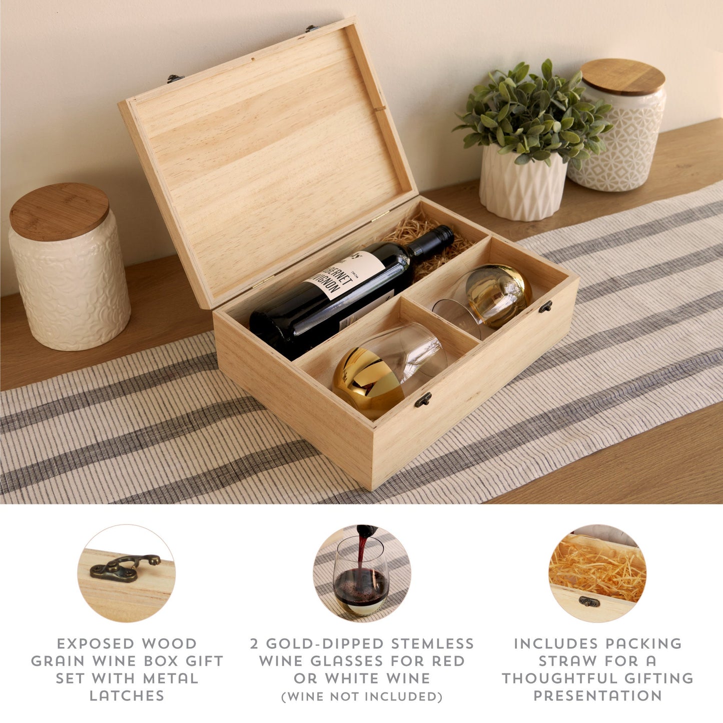 Wooden Wine Gift Box with Two Stemless Glasses