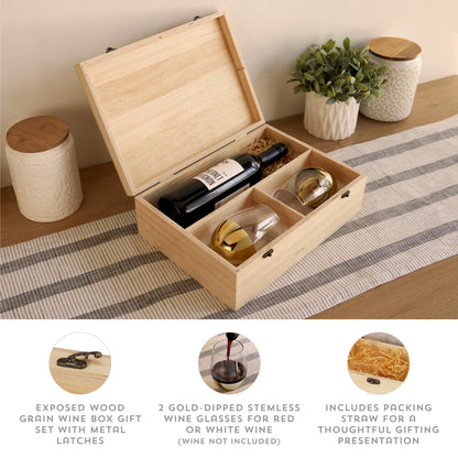 Wooden Wine Gift Box with Two Stemless Glasses