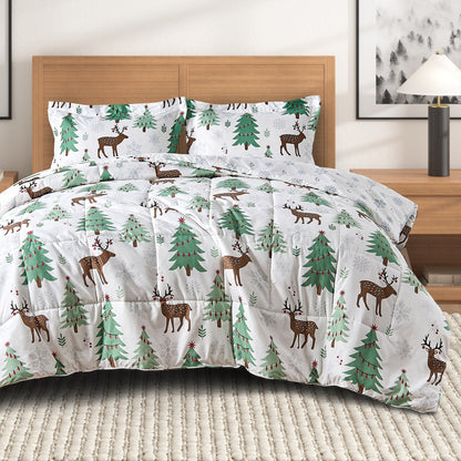 Reversible Christmas comforter and sham set with green trees and brown deer on white quilt on Tampa Home & Garden Store
