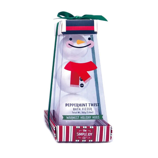 Peppermint Twist Snowman Bath Fizzer gift set in clear box with red scarf and green ribbon on Tampa Home & Garden Store