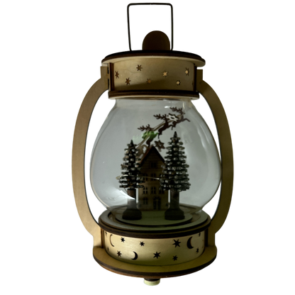 Lanterne musicale en bois et verre à remontoir lumineuse B/O - Le Père Noël survole la maison