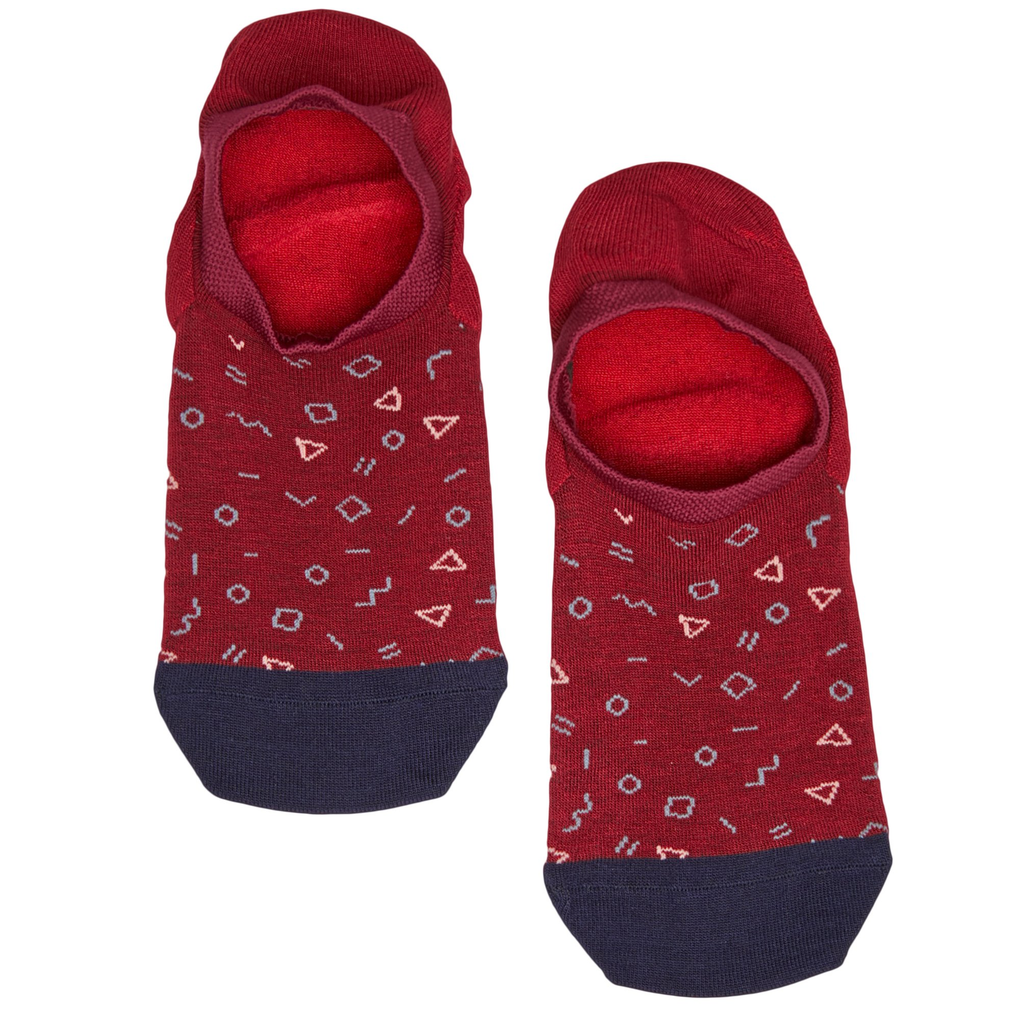 Two red DeadSoxy no-show socks with white geometric print and navy toe caps on Tampa Home & Garden Store