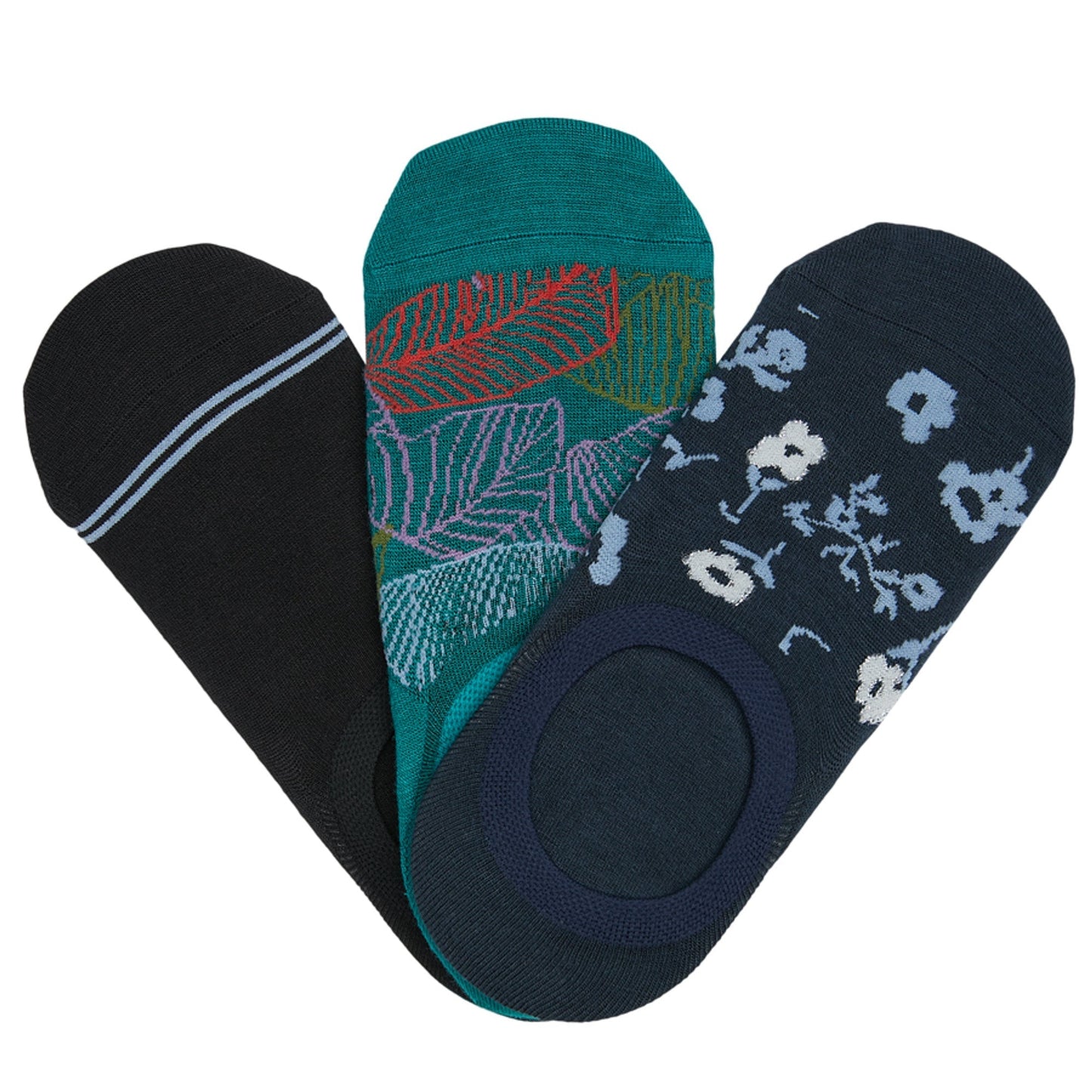 No-Show Socks 3-pack DeadSoxy black striped, teal leaf-pattern, navy floral-pattern socks on Tampa Home & Garden Store