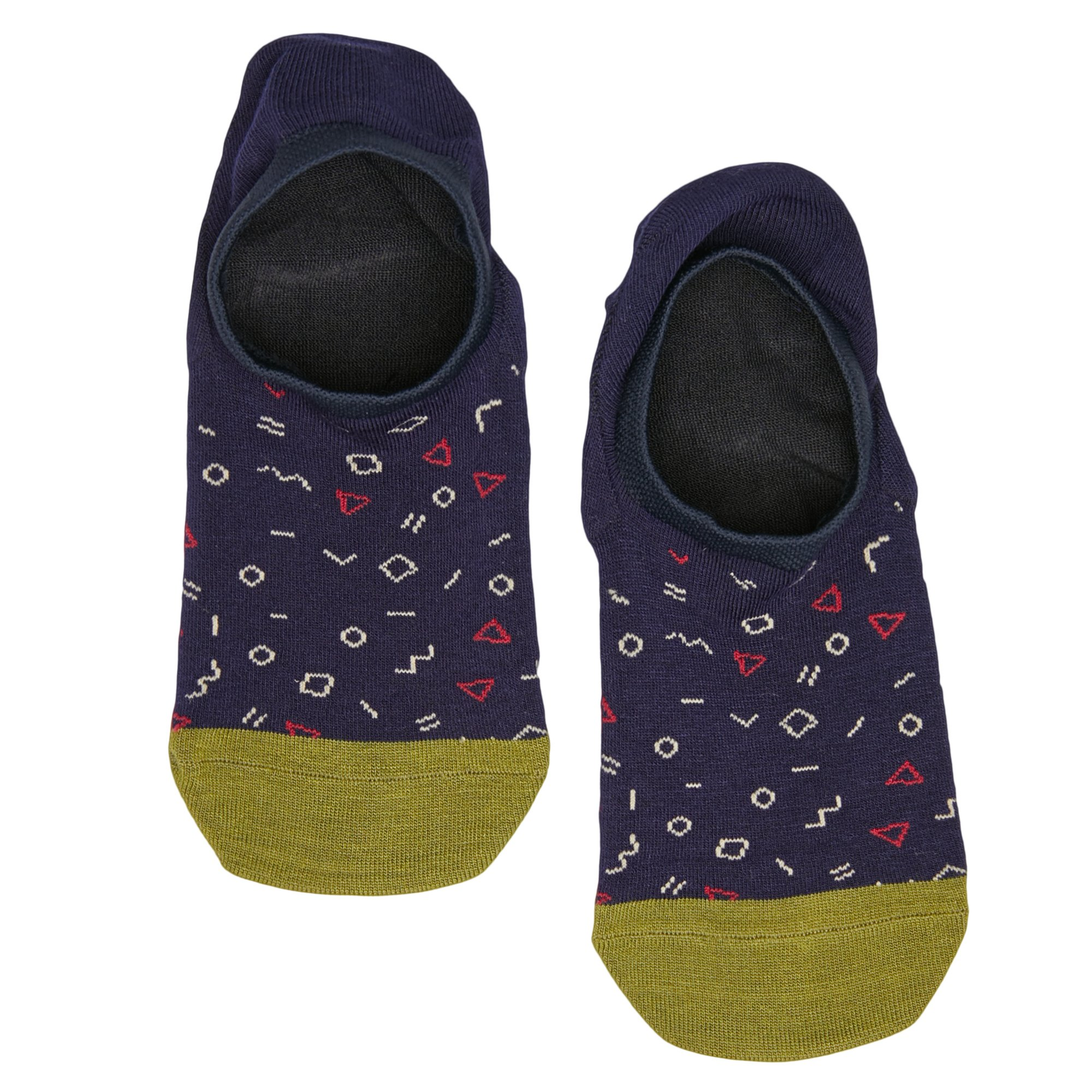 No-Show Sock 6-Pack vp2 DeadSoxy footie socks navy with white geometric shapes and olive heel on Tampa Home & Garden Store
