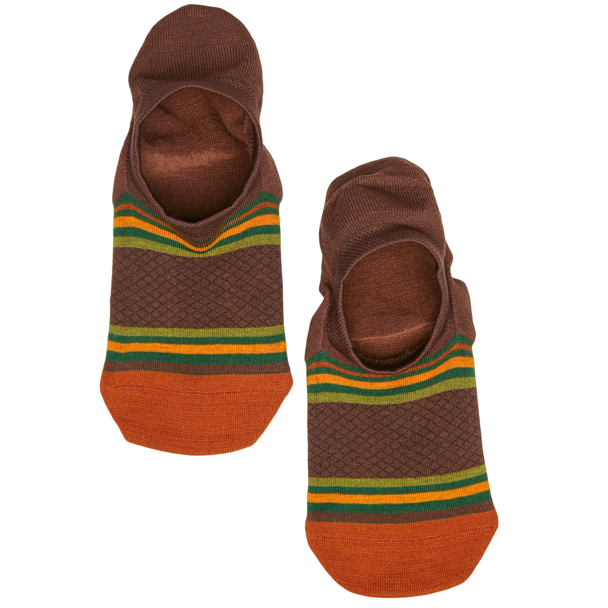 DeadSoxy no-show socks, brown footie socks with green/orange striped cuff, 2 pairs shown on Tampa Home & Garden Store