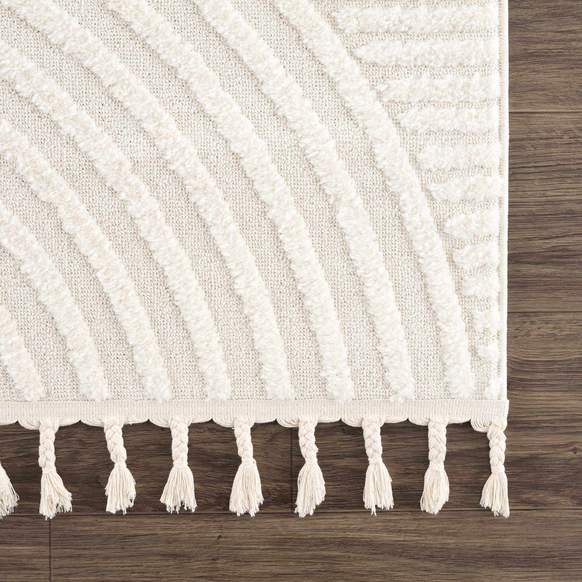 Guiling 3D Rainbow Area Rug with Tassels in cream beige striped textured rug by Boutique Rugs on Tampa Home & Garden Store