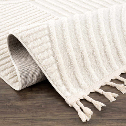 Guiling 3D Rainbow Area Rug with Tassels by Boutique Rugs, cream textured stripes on Tampa Home & Garden Store
