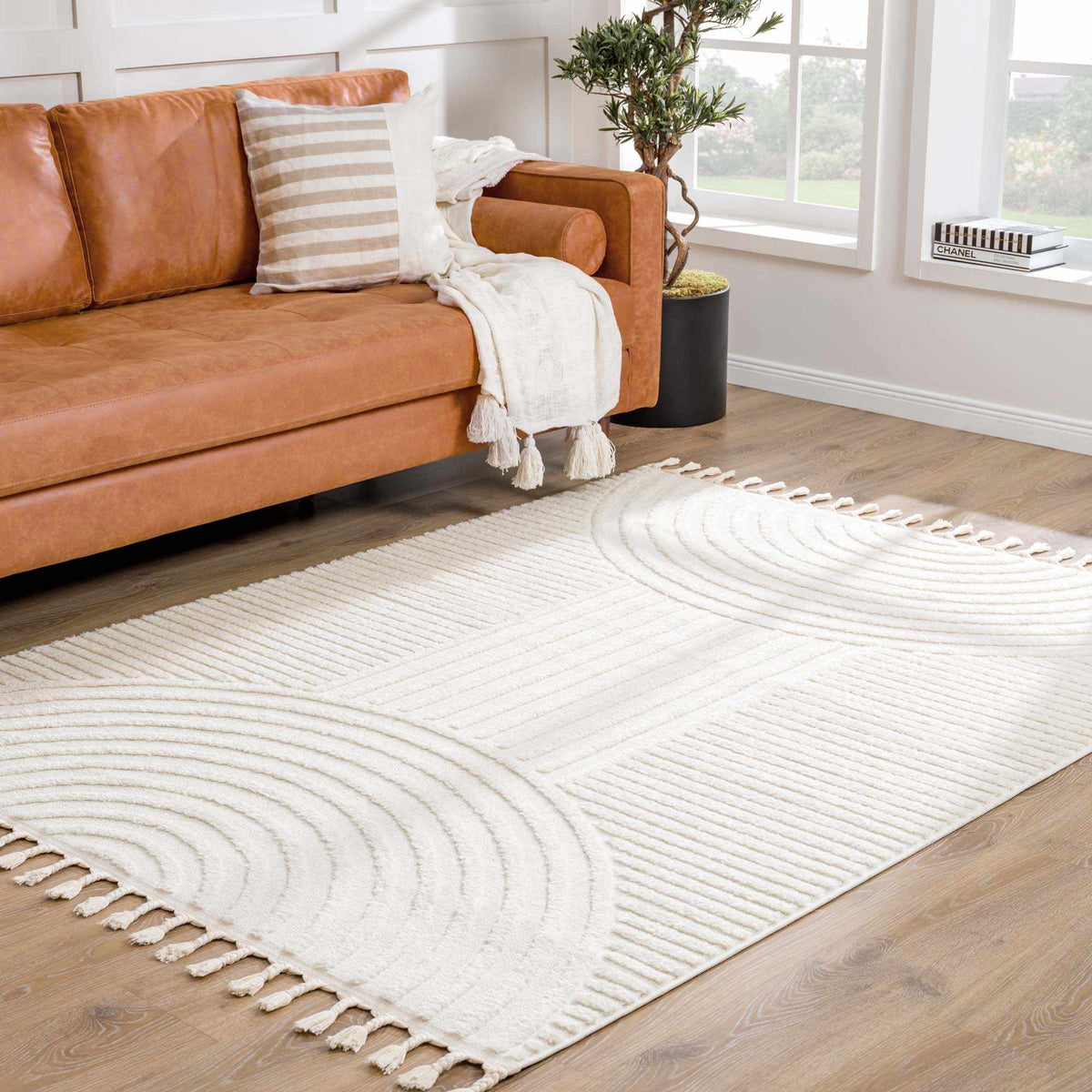 Boutique Rugs Guiling 3D Rainbow Area Rug with Tassels cream and white textured rug with fringe on Tampa Home & Garden Store