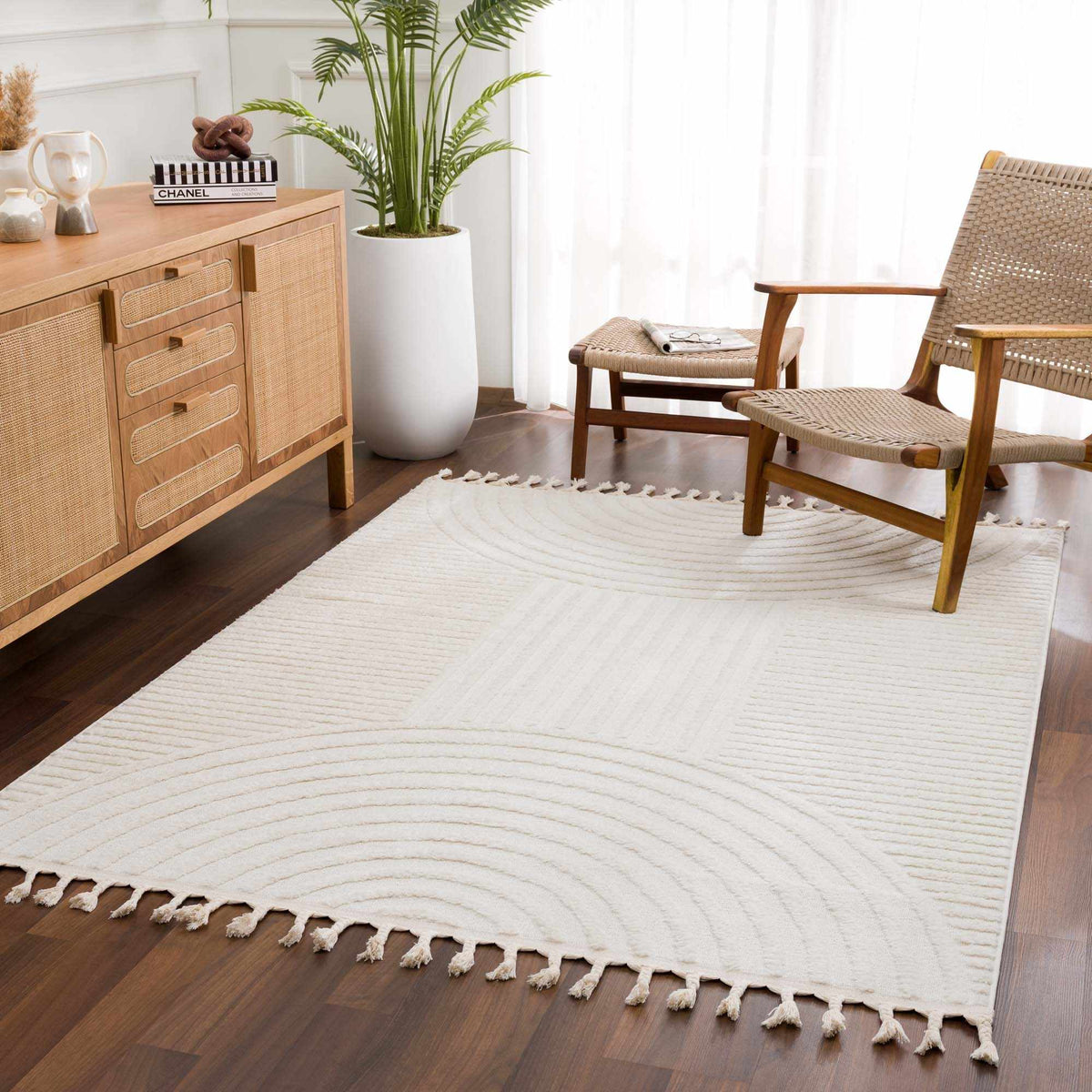 Guiling 3D Rainbow Area Rug with Tassels cream woven rug with tassel fringe on Tampa Home & Garden Store