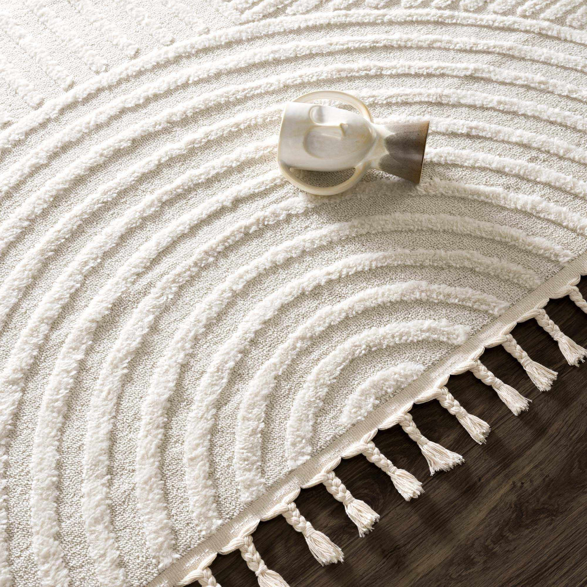Guiling 3D Rainbow Area Rug with Tassels cream textured rug with soft fringed edges on Tampa Home & Garden Store