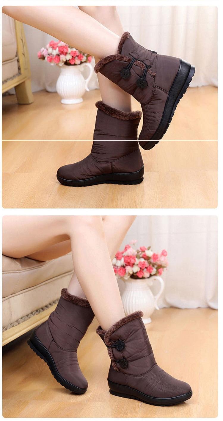 Non-slip snow boots brown with plush fur lining, waterproof warm ankle boots for winter on Tampa Home & Garden Store