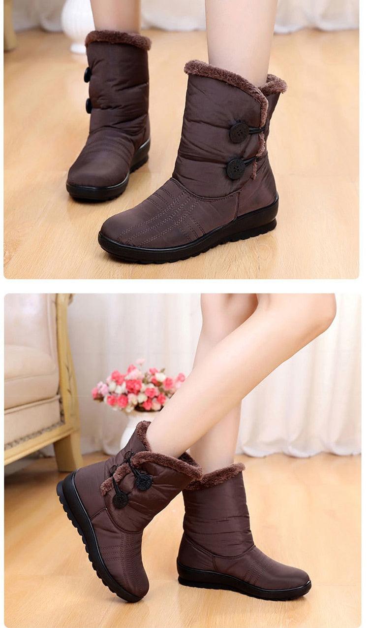 Non-Slip winter boots by Stevvex, brown waterproof ankle boots with plush fur lining, pair on Tampa Home & Garden Store