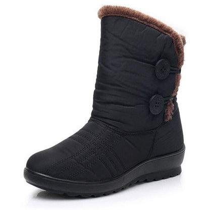 Stevvex black winter boot with faux fur lining, quilted upper, button straps, chunky sole on Tampa Home & Garden Store
