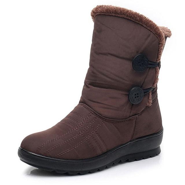 Non-Slip Snow Boots brown with faux fur lining, quilted upper, side button closures on Tampa Home & Garden Store