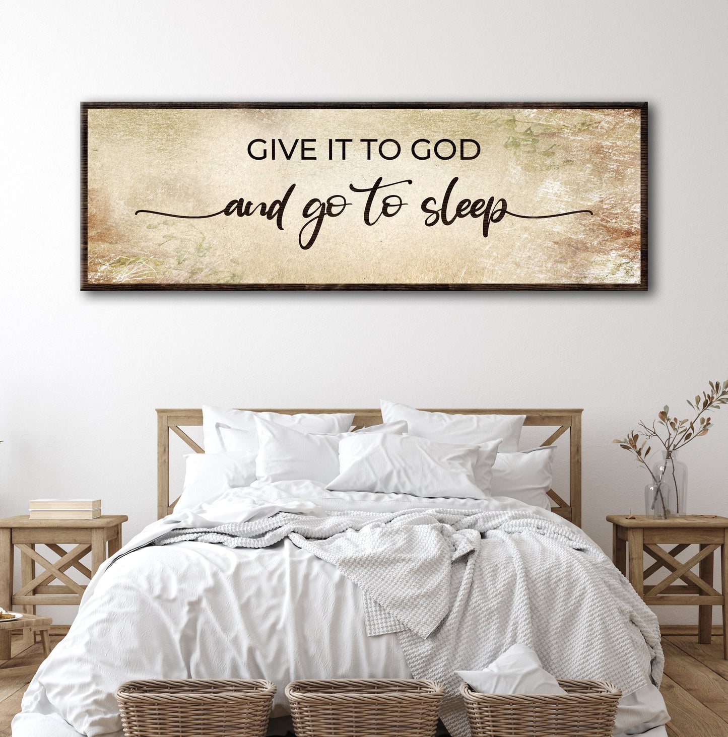 Give It To God And Go To Sleep Sign IV canvas wall art with rustic beige distressed finish framed in dark wood on Tampa Home & Garden Store