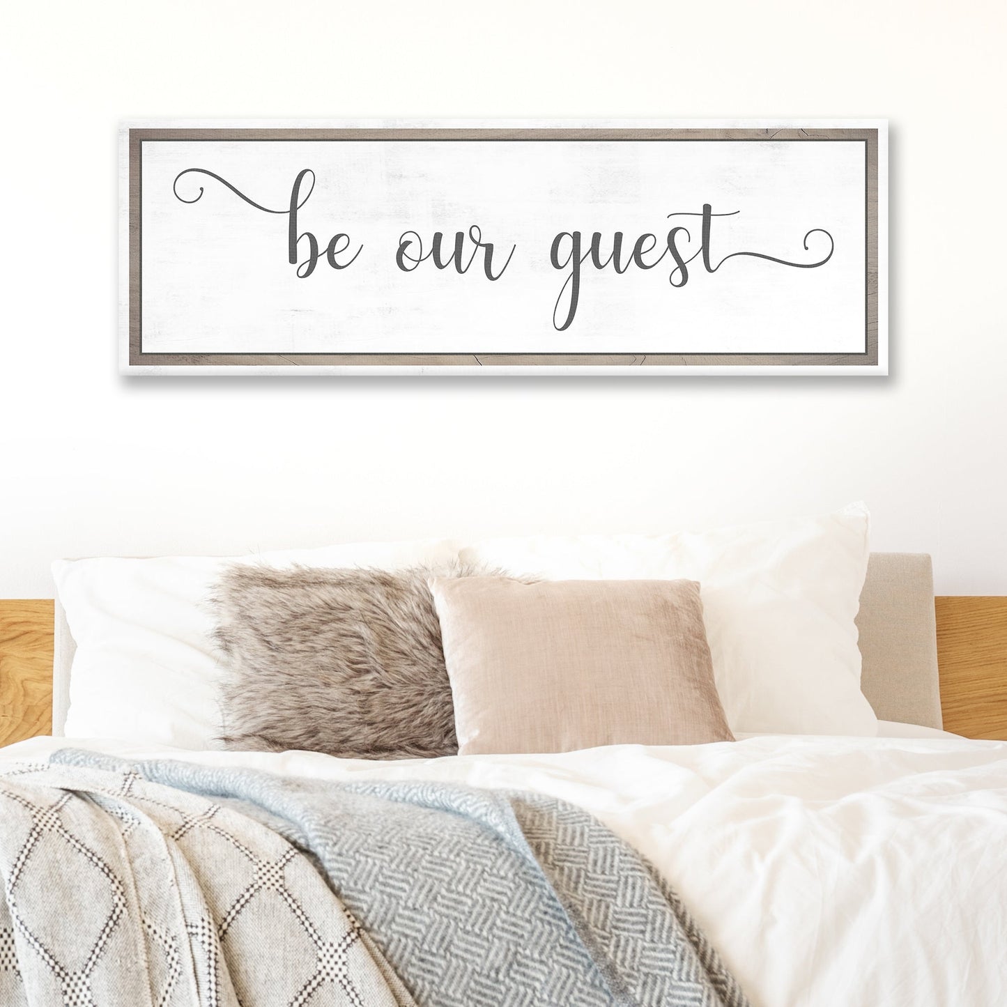 Be Our Guest canvas sign with distressed white background and wood frame Tailored Canvases on Tampa Home & Garden Store