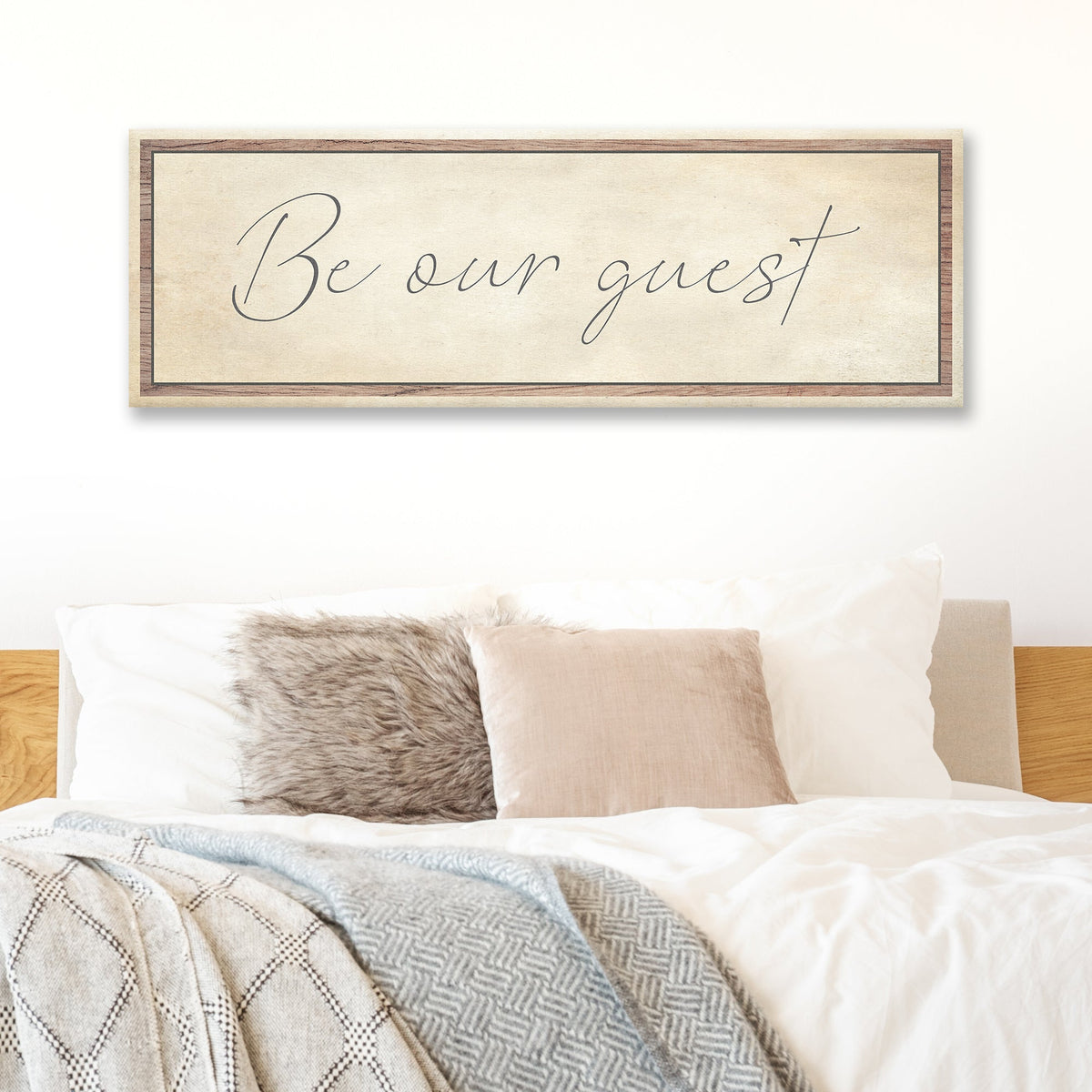Be Our Guest Sign canvas by Tailored Canvases, beige canvas with wood frame on Tampa Home & Garden Store