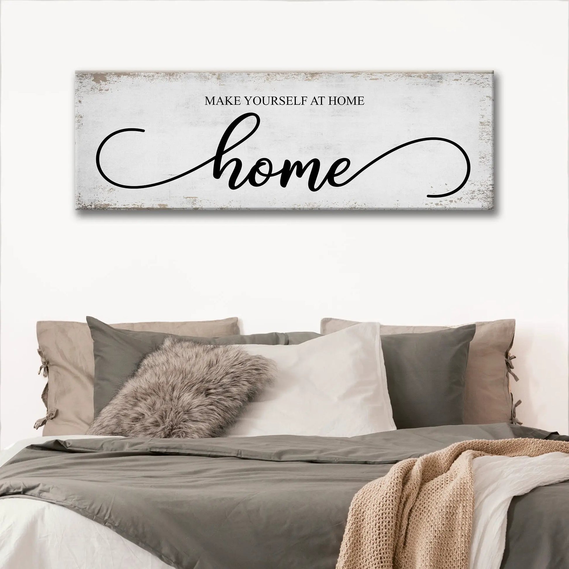 Make Yourself At Home Sign canvas with distressed white background and black script home on Tampa Home & Garden Store