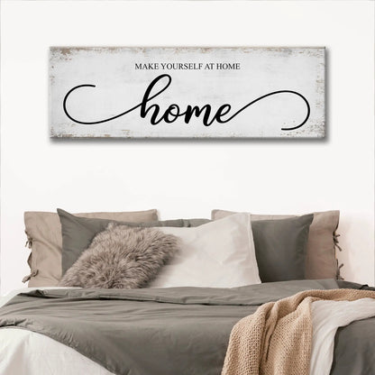Make Yourself At Home Sign canvas with distressed white background and black script home on Tampa Home & Garden Store