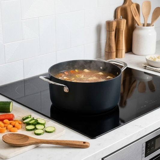 Alva Cookware Black Ceramic Nonstick Stock Pot 4.5-Qt on induction cooktop simmering broth on Tampa Home & Garden Store