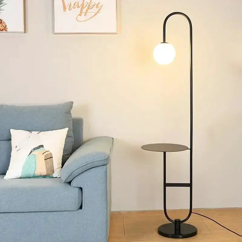 Nordic Black Metal Led Floor Lamp Glass Table