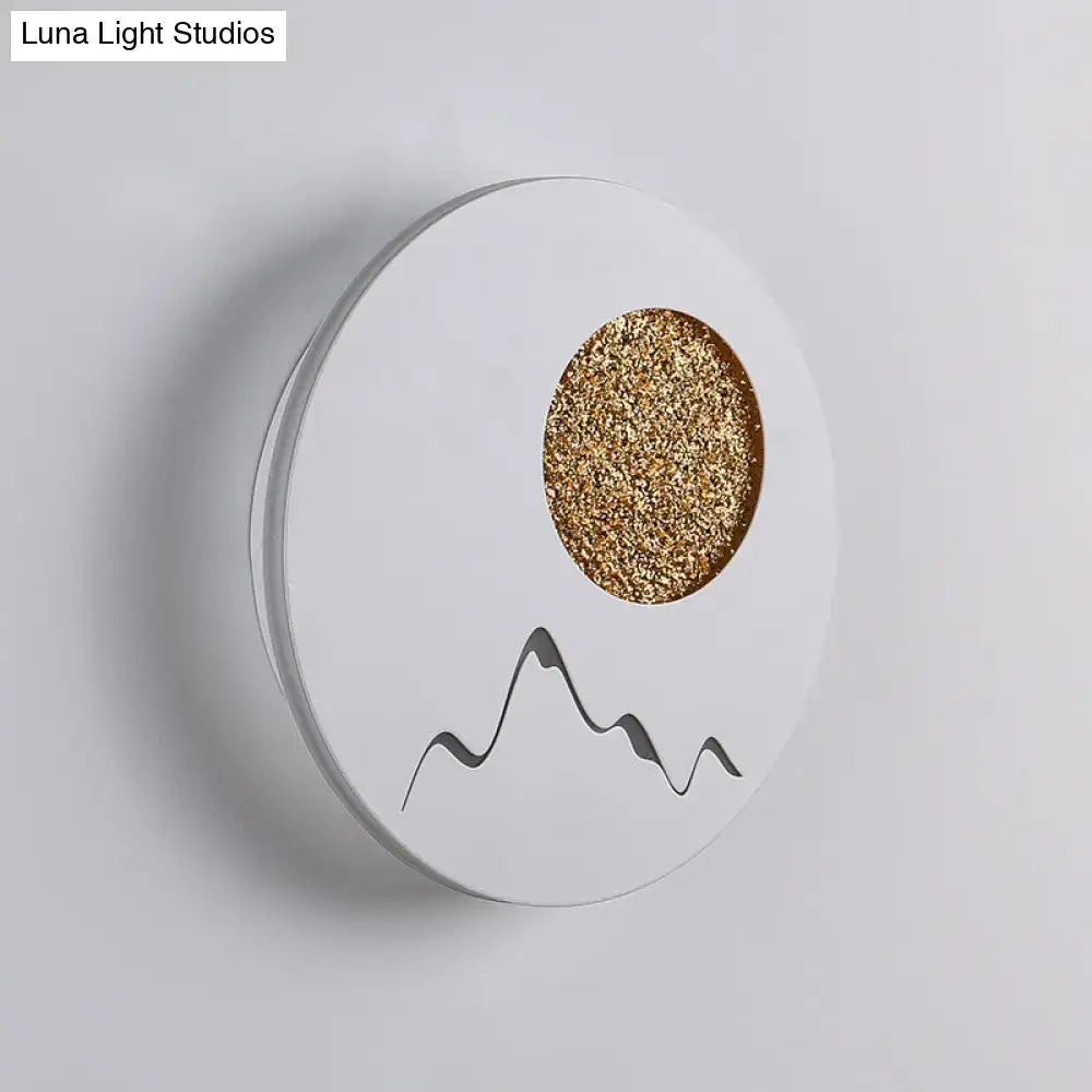 Metallic Mountain Wall Light white plate with glitter gold sun and mountain silhouette on Tampa Home & Garden Store
