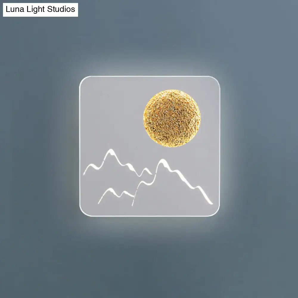 Metallic Mountain Wall Light by Decorbites with gold moon and white mountains on gray panel on Tampa Home & Garden Store