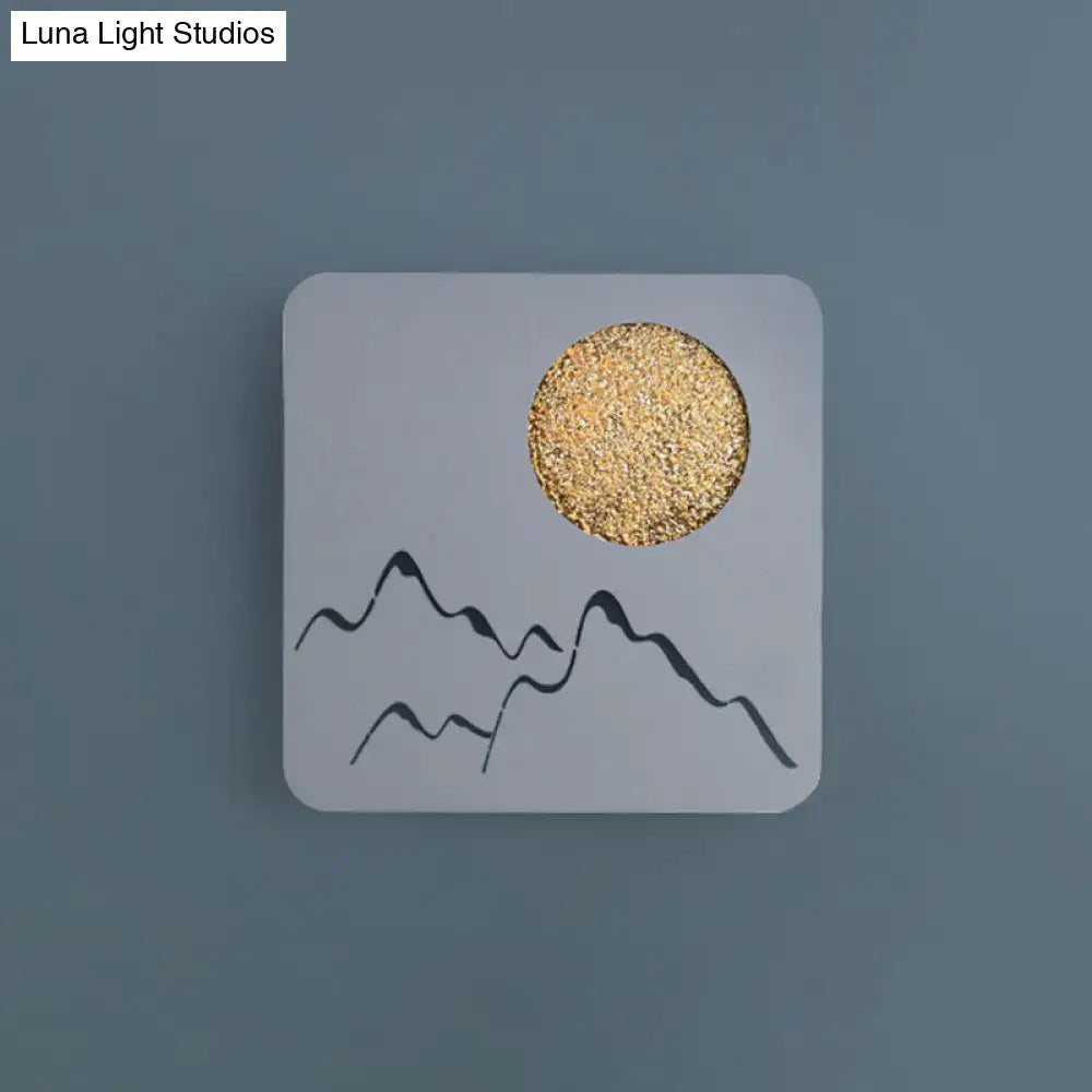 Metallic Mountain Wall Light gray square panel with glittering gold sun and mountain lines on Tampa Home & Garden Store