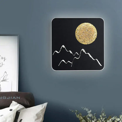 Metallic Mountain Wall Light on black panel with gold moon and white mountain lines square frame on Tampa Home & Garden Store