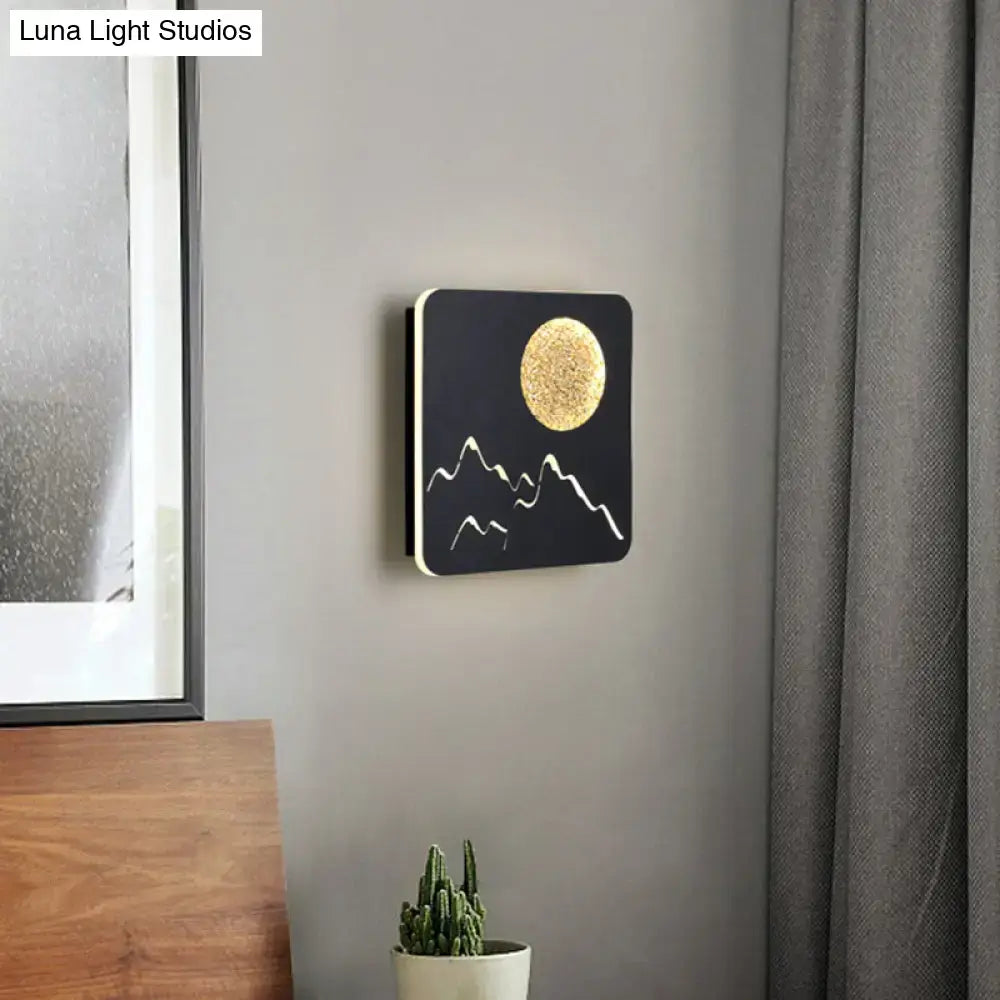 Metallic Mountain Wall Light black square wall sconce with gold sun and white mountain silhouette on Tampa Home & Garden Store