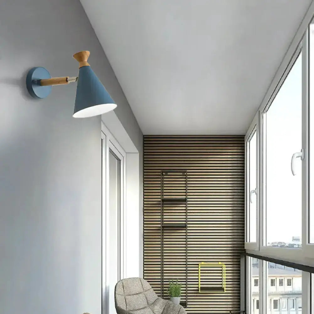 Nordic Blue Metal Cone Shade Wall Light Reading