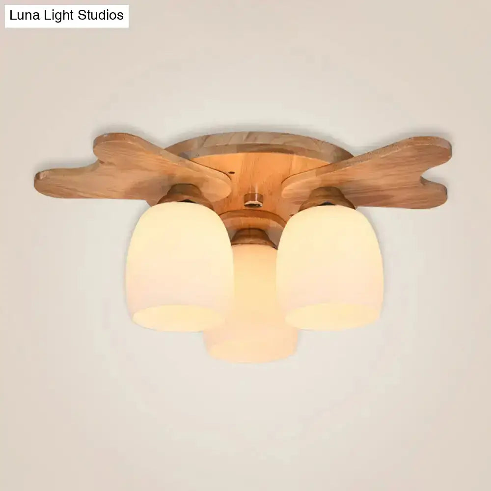 Cream Glass Bell Ceiling Light Decorbites with wood canopy and three cream glass shades on Tampa Home & Garden Store