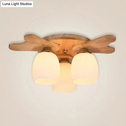 Cream Glass Bell Ceiling Light Decorbites with wood canopy and three cream glass shades on Tampa Home & Garden Store