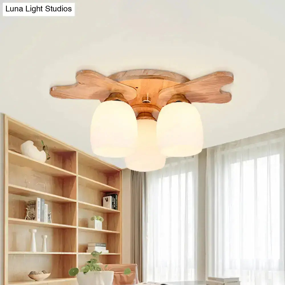 Cream glass bell ceiling light flush mount with three shades, wooden mount by Decorbites on Tampa Home & Garden Store
