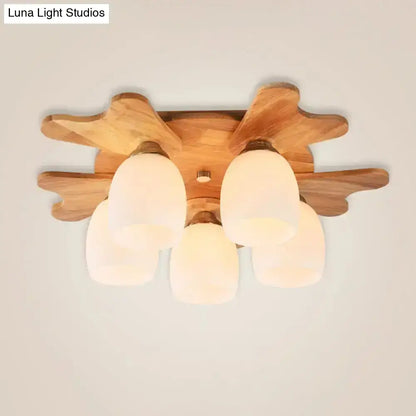 Cream Glass Bell Ceiling Light with wood starburst mount, Decorbites, 4 glass bells, flush mount on Tampa Home & Garden Store