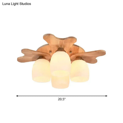 Cream glass bell ceiling light flush mount with wooden base and three shades Decorbites on Tampa Home & Garden Store