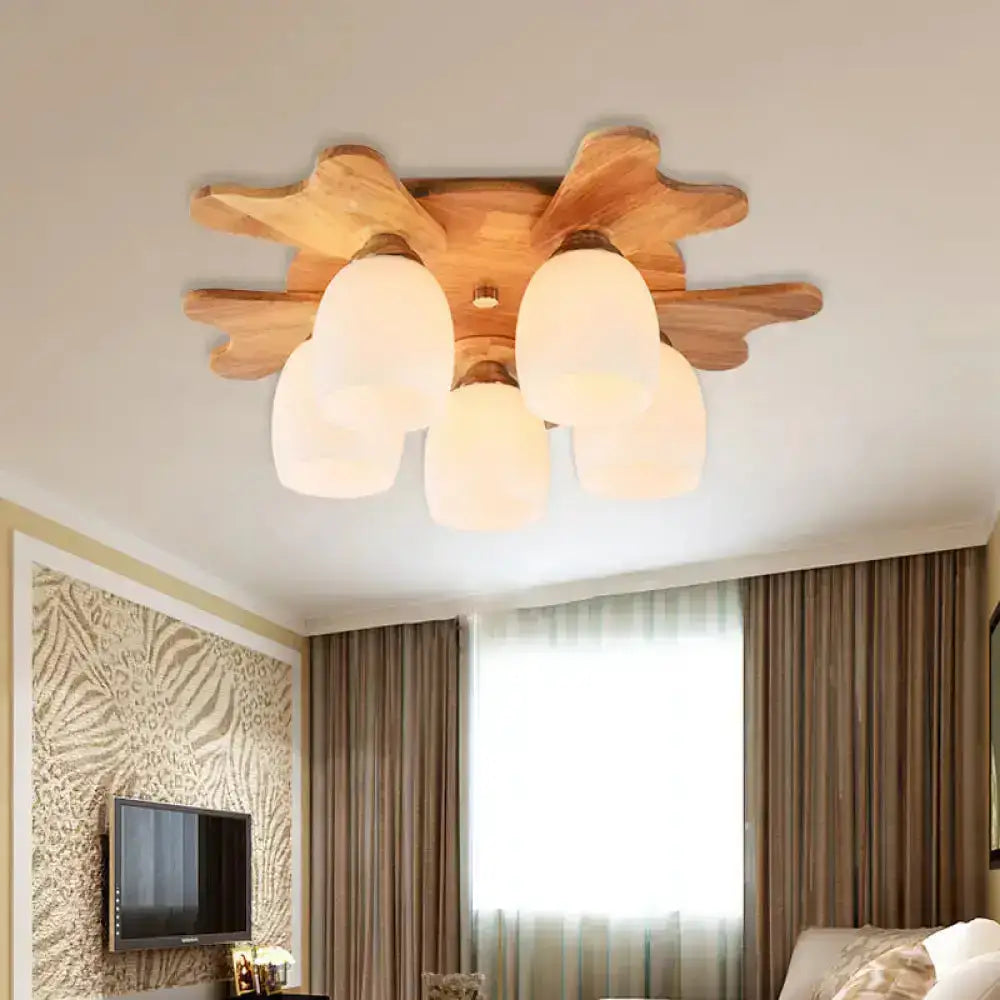 Cream Glass Bell Ceiling Light by Decorbites, wooden flush-mount with four frosted glass shades on Tampa Home & Garden Store
