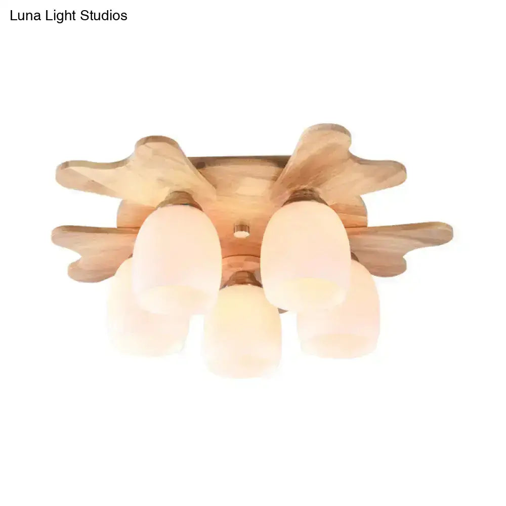 Cream Glass Bell Ceiling Light 4-light flush mount with wood leaf accents by Decorbites on Tampa Home & Garden Store