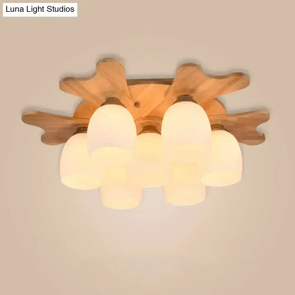 Cream Glass Bell Ceiling Light by Decorbites; wood starburst base, flush mount on Tampa Home & Garden Store