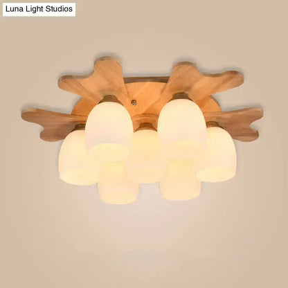 Cream Glass Bell Ceiling Light by Decorbites; wood starburst base, flush mount on Tampa Home & Garden Store