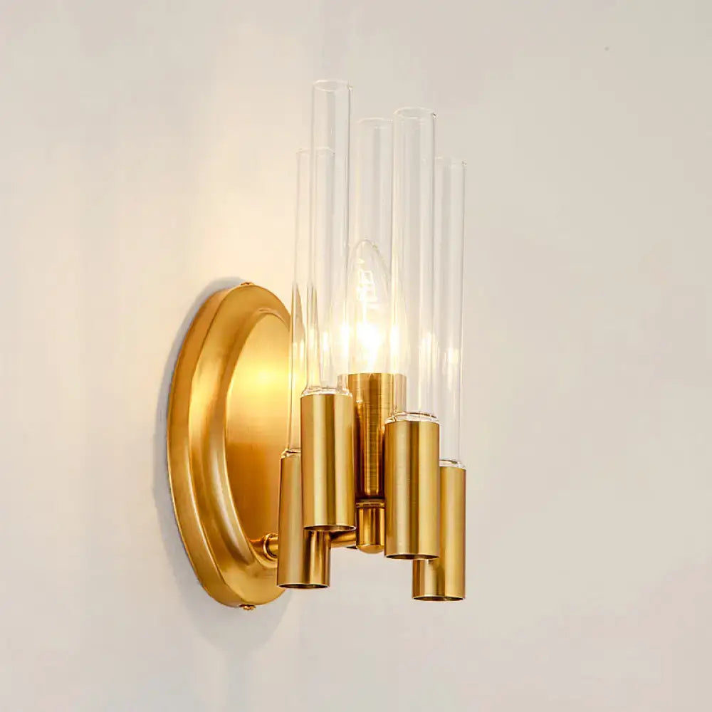 Gold Tube Wall Lamp sconce with clear glass tubes and brass finish on round wall backplate on Tampa Home & Garden Store