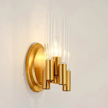 Gold Tube Wall Lamp sconce with clear glass tubes and brass finish on round wall backplate on Tampa Home & Garden Store