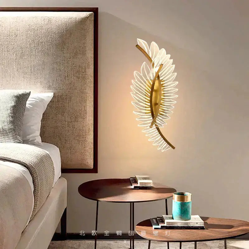 Nordic modern gold feather wall lamp sconce by Decorbites with feather rays for bedroom wall on Tampa Home & Garden Store