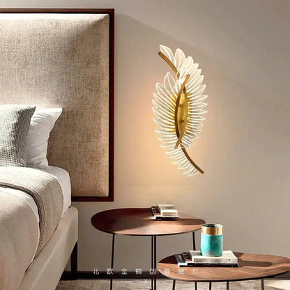 Nordic modern gold feather wall lamp sconce by Decorbites with feather rays for bedroom wall on Tampa Home & Garden Store